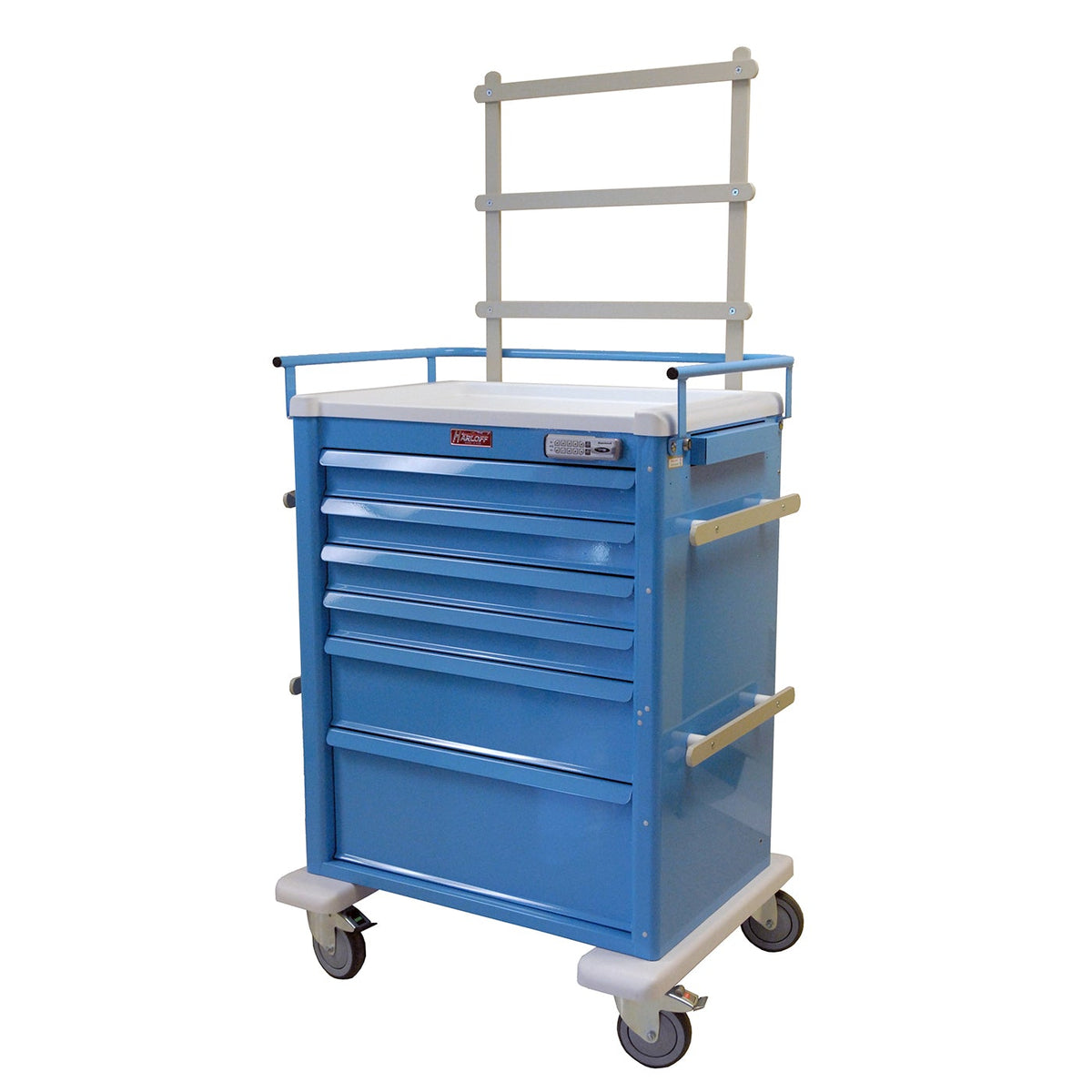Aluminum Universal Line Tall 6 Drawer Anesthesia Cart, with Basic Electronic Pushbutton Lock and Anesthesia Accessory Package