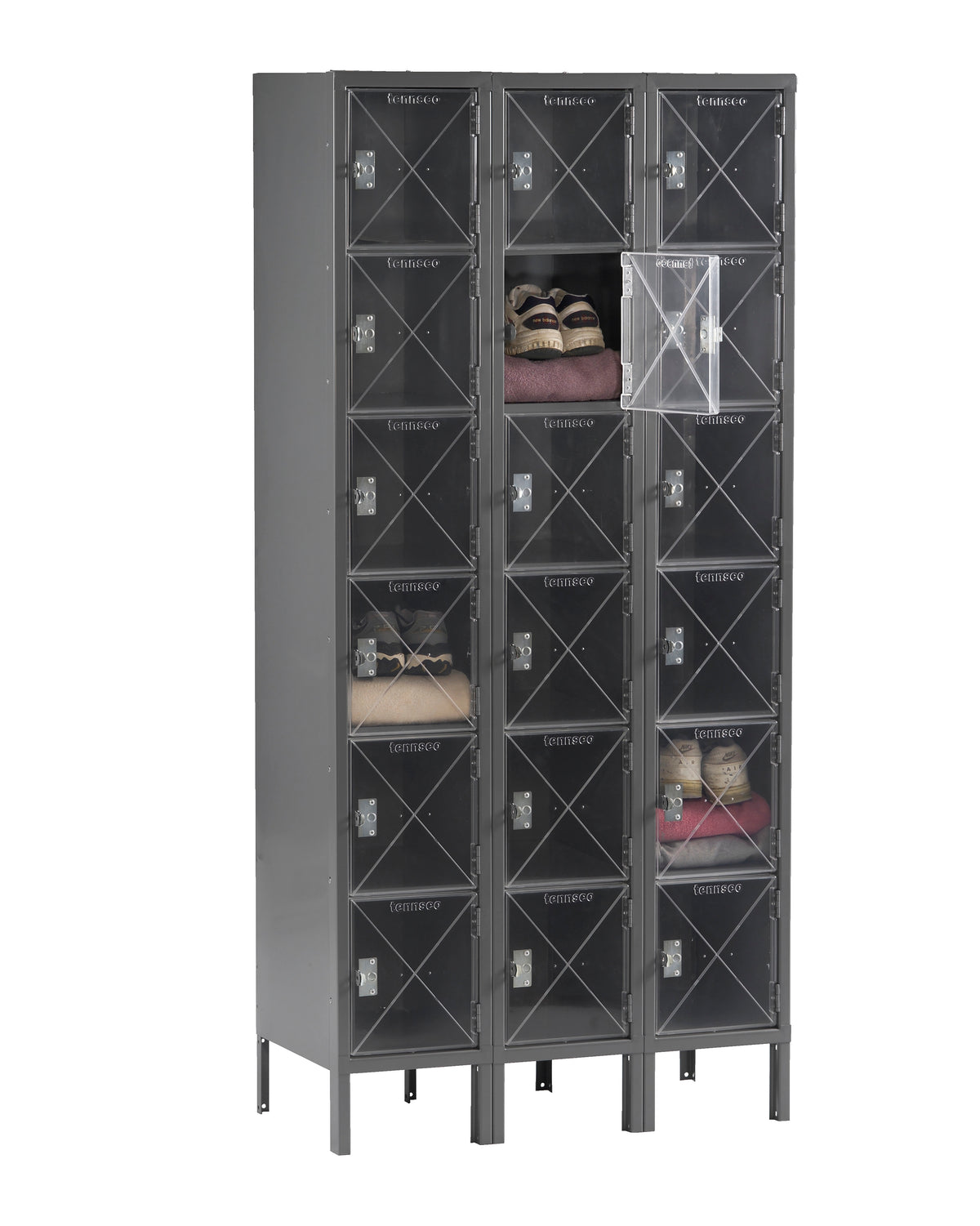 6 HIGH C-THRU BOX LOCKER - THREE WIDE WITH LEGS (ASSEMBLED) - CBL6-121212-3